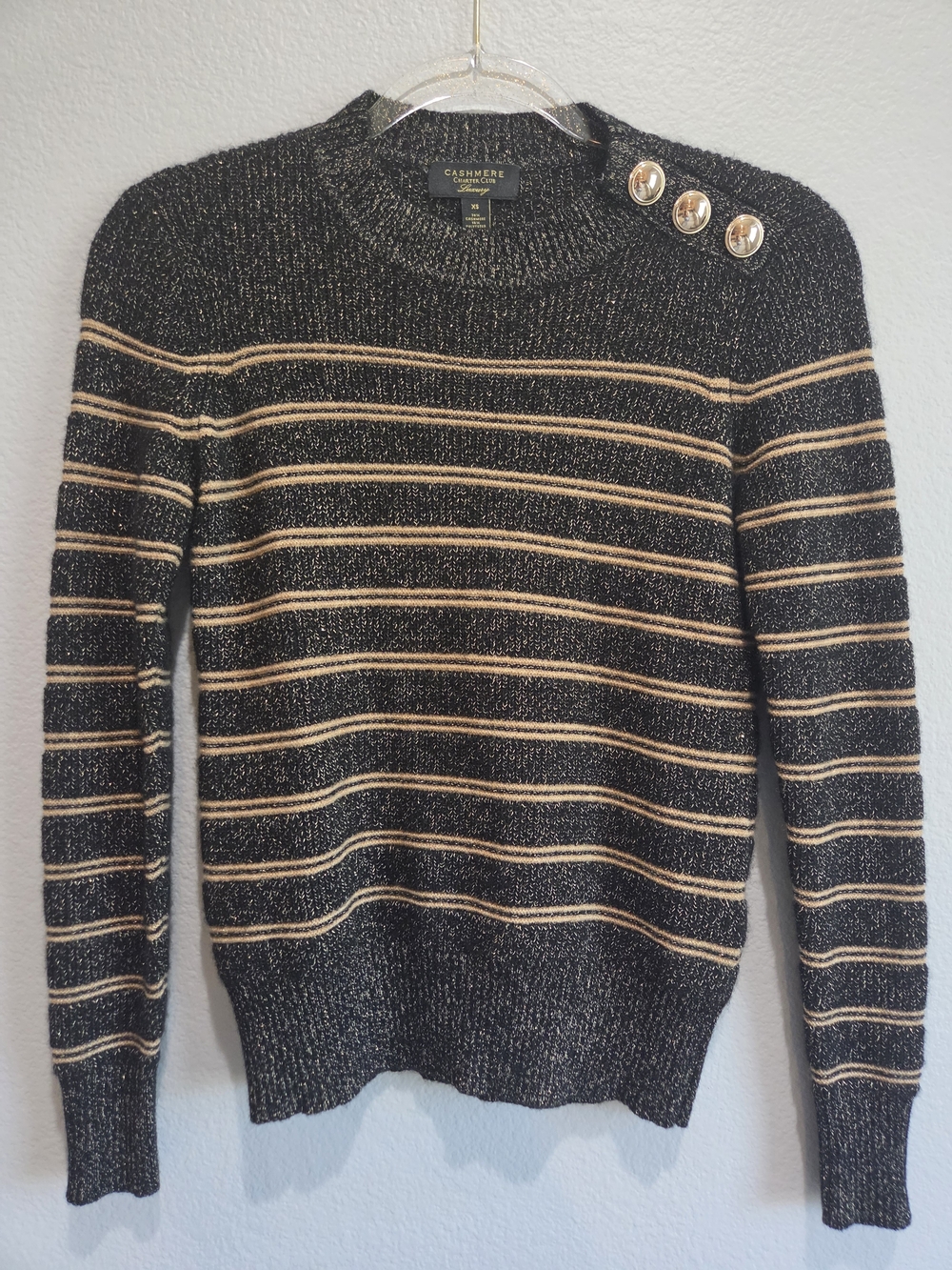 Cashmere Blend Black & Cream Striped Button-Shoulder Sweater